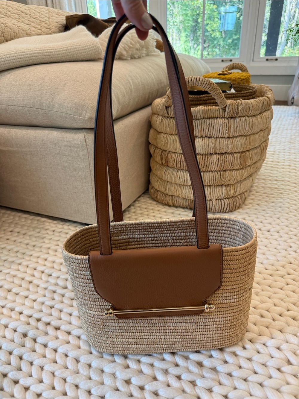 Strathberry Beige Straw Tote with Brown Leather Straps